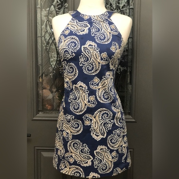 Ann Taylor LOFT Dresses & Skirts - Ann Taylor Loft High Halter Neck Navy Blue with White & Tan Paisley Print Dress